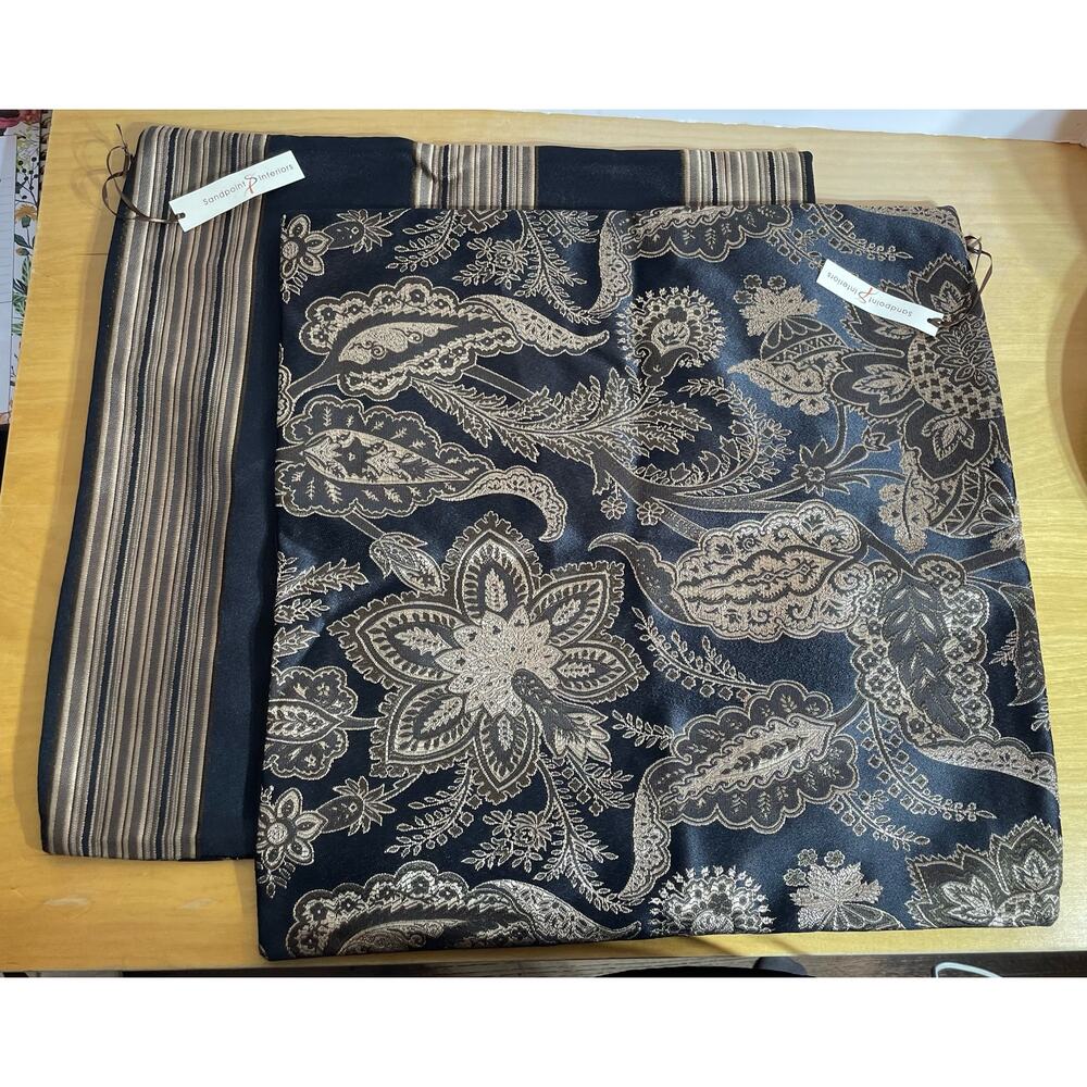 Sandpoint Interiors Jacquard Black Gold Paisley Striped Pillow Covers NWT